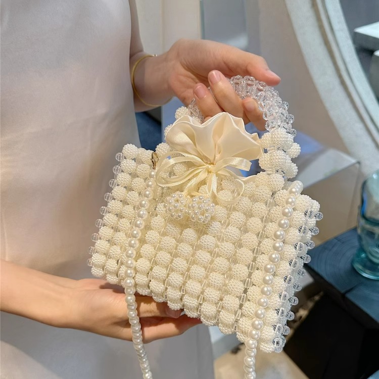 法式小众设计夏日拼色串珠手提小方包杨梅球手工编织斜挎包旗袍包