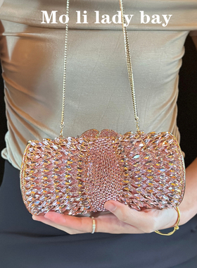 【高货】高级粉金闪闪的水滴钻石参加婚礼晚宴包水晶烫钻女晚装包