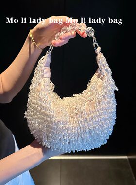 复古印度手工串珠水晶短流苏手提袋月牙形缎面斜跨手拎包手挽包