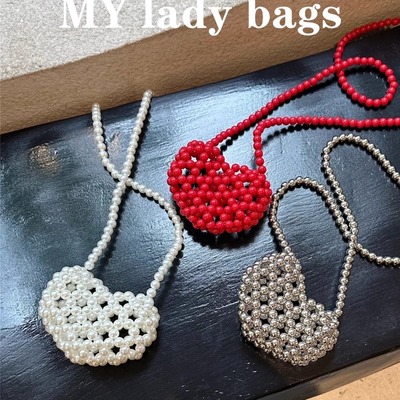 ins法式爱心零钱小包手工编织串珠珍珠包迷你mini口红包斜挎包