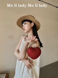 超mini高级烫钻闪亮酒红爱心形盒子宴会迷你口红零钱钥匙斜挎小包