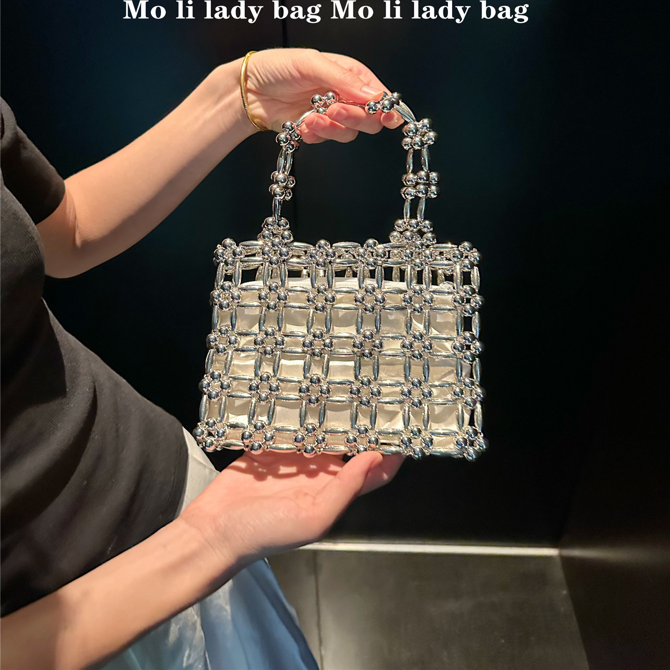 法式小众镂空银珠闪闪手提串珠包韩国INS复古手工珍珠编织小方包,箱包皮具/热销女包/男包,通用款女包,淘宝优惠券,粉丝福利购,淘宝优惠卷