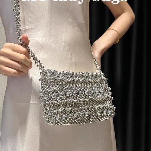 2025春夏重工日系花朵银色长链条手工串珠手提包斜挎手机包女