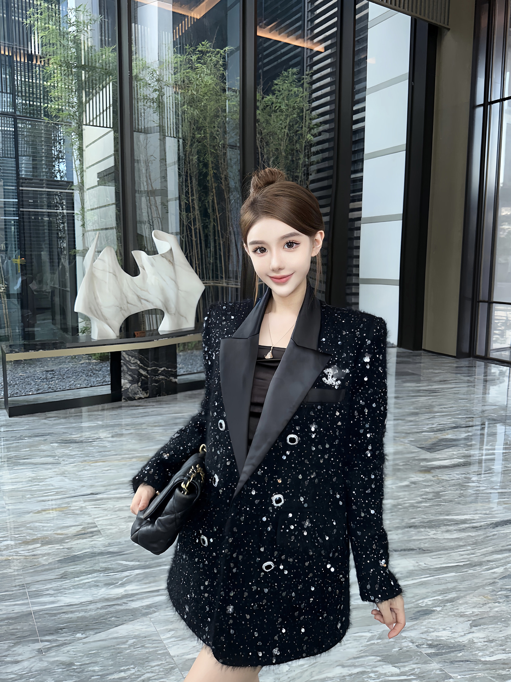 钟菲高级感秋冬款亮片羽绒小香风西装外套女中长款2023新款小个子