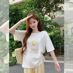 现货闪发精梳棉宽松短袖 刺绣夏日独特漂亮上衣显瘦 女t恤2026新款