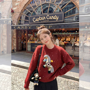 钟菲菲毛衣女款2026新款刺绣宽松针织衫内搭可外穿羊毛马年过年红