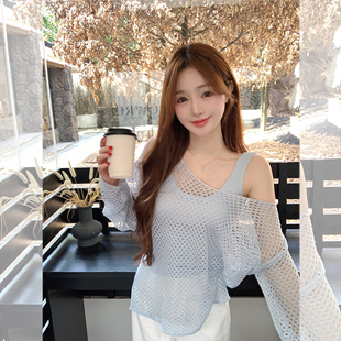 现货闪发钟菲韩系氛围感早秋穿搭镂空罩衫搭配同色背心两件套女针