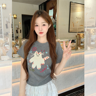 现货精梳棉卡通刺绣短袖 小上衣超好看 女t恤2025新款 独特漂亮