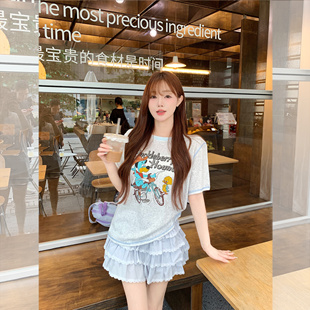 女t恤2025新款 现货灰色精梳棉卡通印花宽松短袖 巨好看夏日上衣