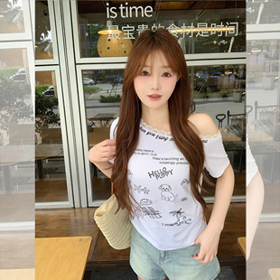 辣妹字母小狗斜领露肩显瘦短袖 美式 T恤随性 新款 现货闪发2026夏季