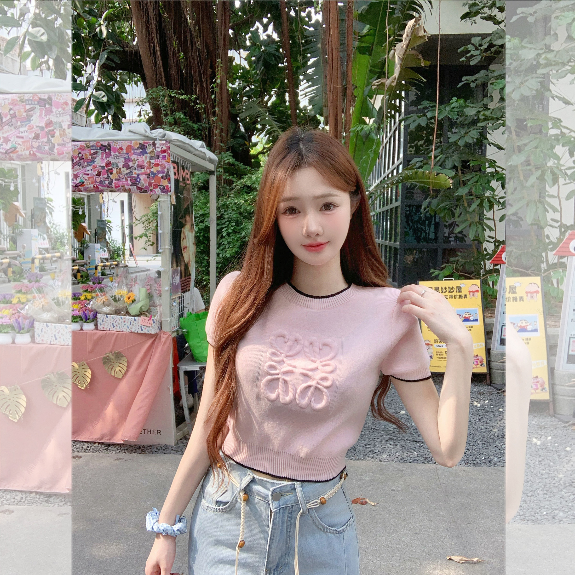 钟菲菲针织浮雕粉色短袖女t恤2026新款夏独特漂亮小上衣显瘦绝美