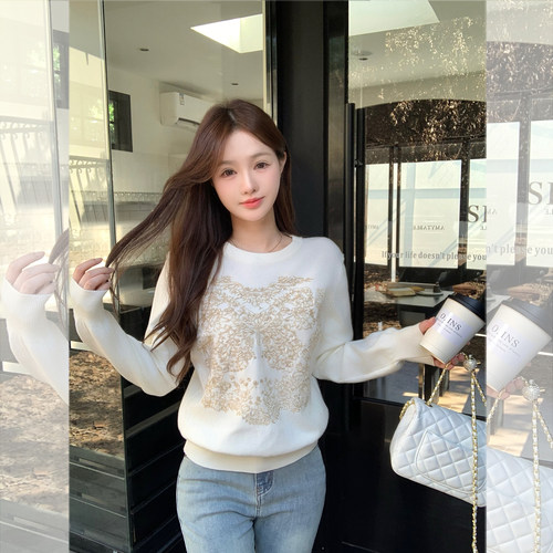 百搭长袖圆领针织女羊毛刺绣金丝