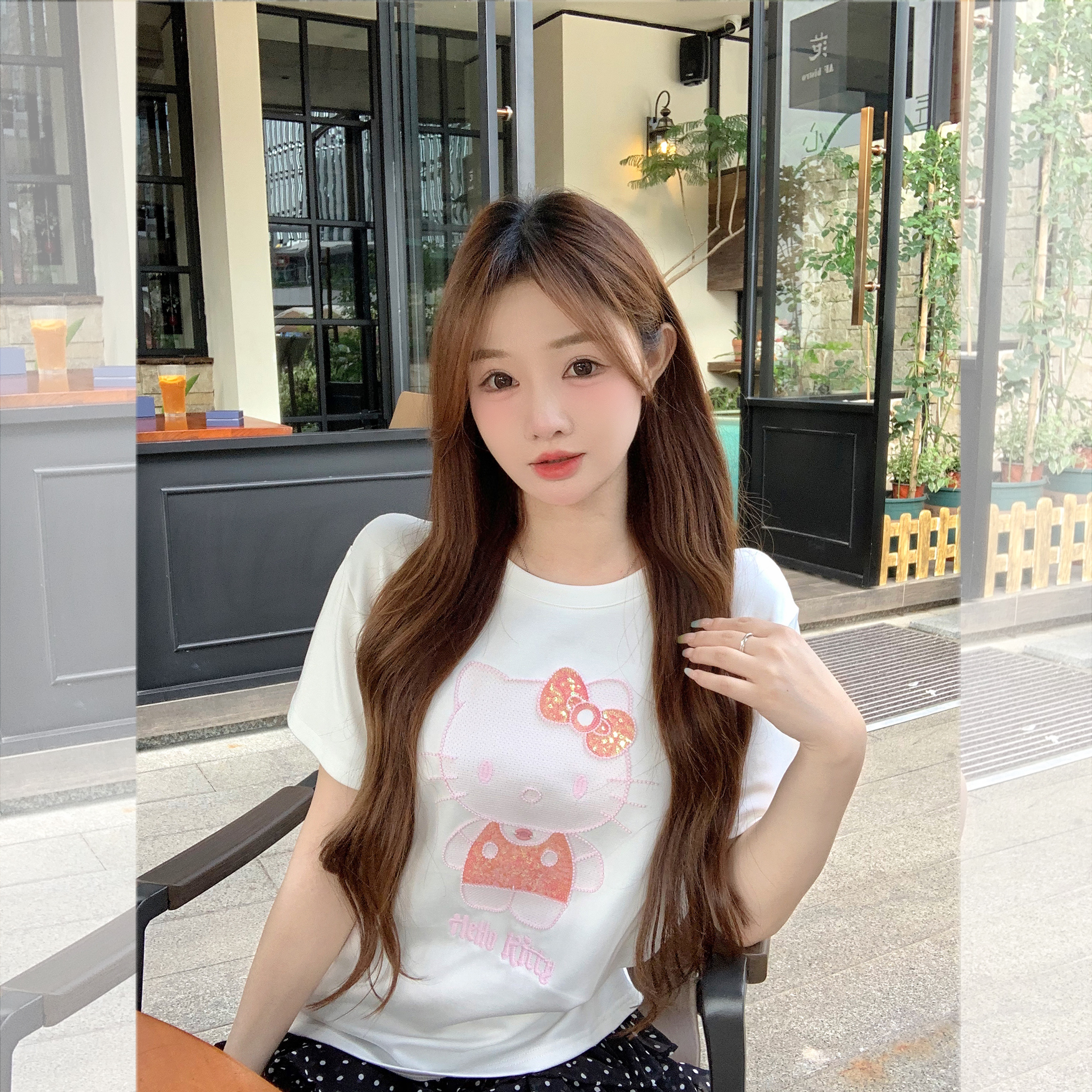 钟菲菲精梳棉kitty亮片短袖女t恤2025新款独特漂亮的小上衣夏季