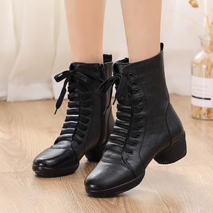 头层牛皮舞鞋软底跳舞鞋女高邦跳舞靴子加绒冬天广场舞鞋白色舞靴