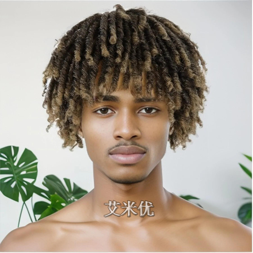 男士补发片脏辫式拉美卷头顶发片黑人烫假发美式风短夸张造型假发
