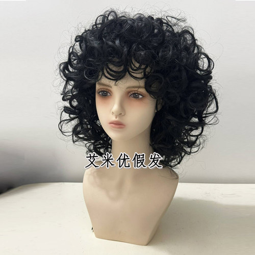 黑色爆炸头短卷蓬松整顶假发