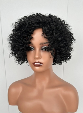 非洲小卷爆炸头女士黑色欧美时尚短款偏分自然蓬松爆炸Afro短卷发