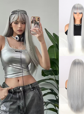 长直发假发灰色齐刘海长款发套时尚辣妹straight hair wigs