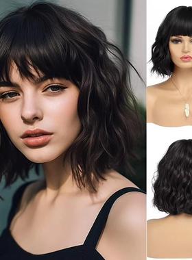 时尚短款羊毛卷假发齐刘海黑色女士水波纹头套short bob wigs