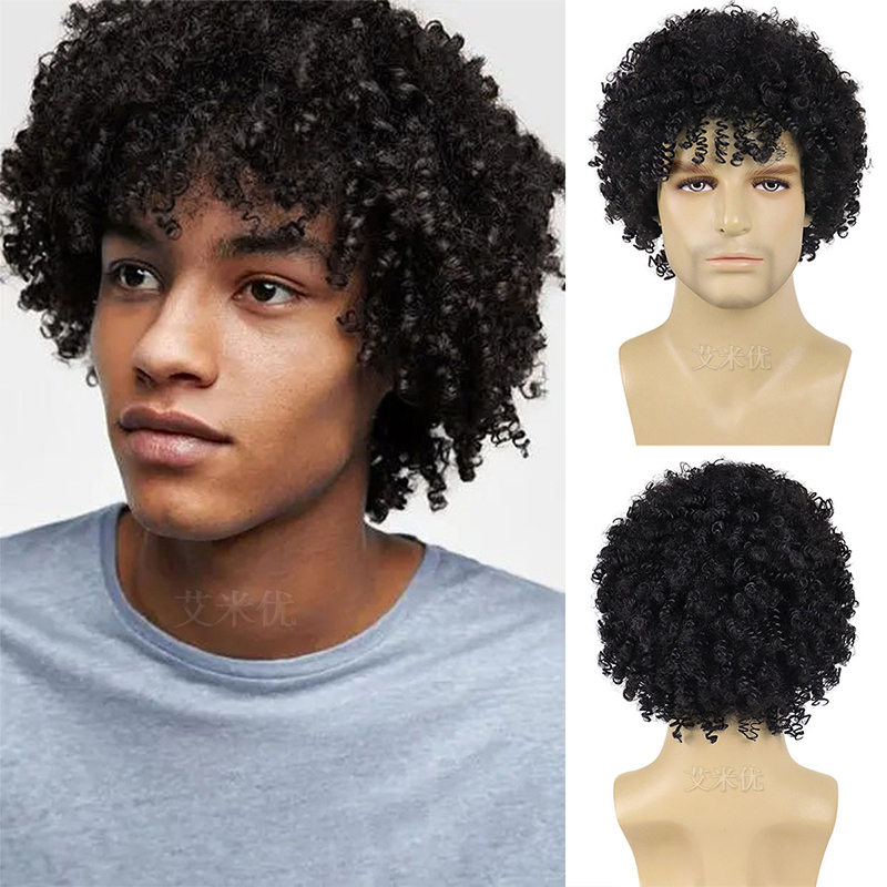 非洲爆炸头男士假发 afro kinky curl wigs with bangs鸡窝头假发