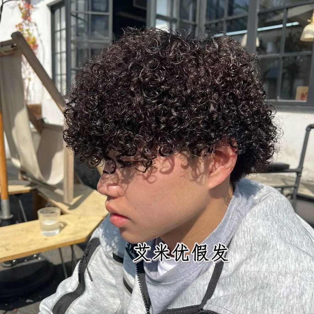 男士真人发羊毛卷隐形自然补发片