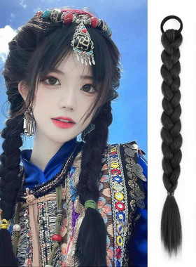 时尚旅拍假发马尾麻花辫子女藏族女孩中长拳击辫小辫子黑色仿真发
