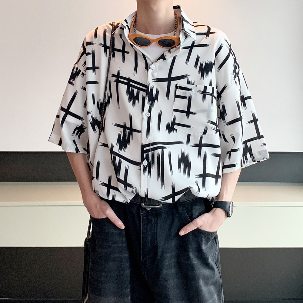 酒店内景宽松港风宽松短袖衬衫男装碎花衬衣6625P40控58,男装衬衫,电商A034