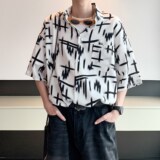酒店内景宽松港风宽松短袖衬衫男装碎花衬衣6625P40控58，男装衬衫，电商A034