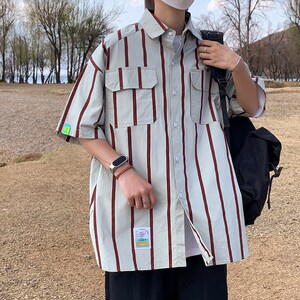 外景夏款休闲半袖衬衣 宽松港风潮男条纹短袖衬衫 2573 P45控68图片