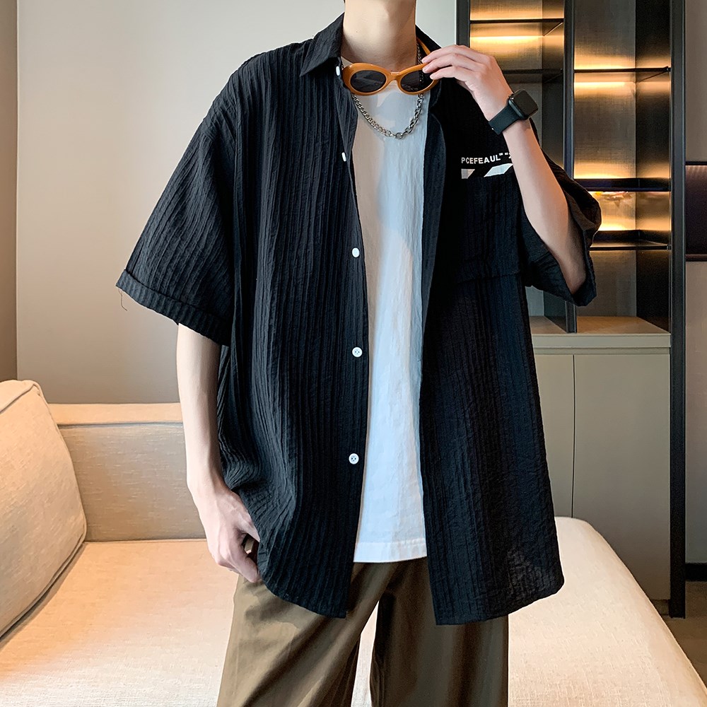 夏款大码短袖衬衫男休闲个性衬衣港风日系内景二开6603P45控58,男装衬衫,电商A034