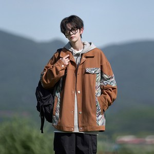 相机秋装日系港风宽松大码外套 拼接花纹夹克痞帅男 2879 P75控98图片