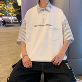 港风日系男短袖T恤休闲POLO衫体恤条纹拼接翻领上衣2820p45控58，男装T恤，电商A034
