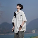 wassuphappy黑色短袖衬衫男夏季薄款冰丝透气上衣服痞帅休闲外套，男装衬衫，电商A034