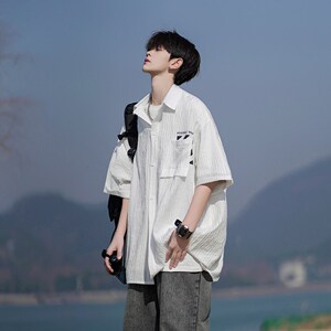 wassuphappy黑色短袖衬衫男夏季薄款冰丝透气上衣服痞帅休闲外套