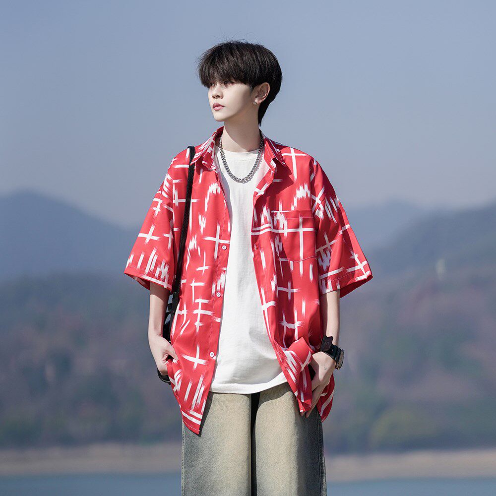 2025新款宽松港风休闲短袖衬衫男冰丝花衬衣相机片6625P40控58，男装衬衫，电商A034