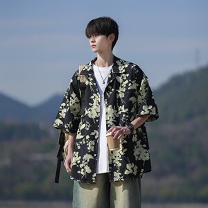 港风夏款夏短袖衬衫男宽松个性冰丝碎花衬衣6617P40控58