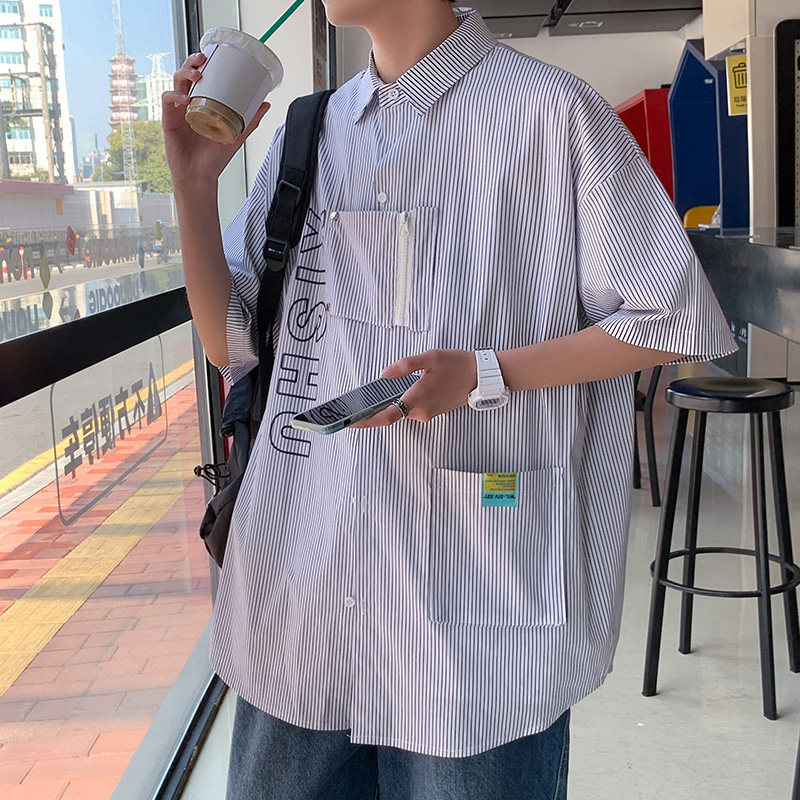 休闲宽松潮男大码衬衣短袖衬衫 基础大众条纹外套A034 2312 P45图片