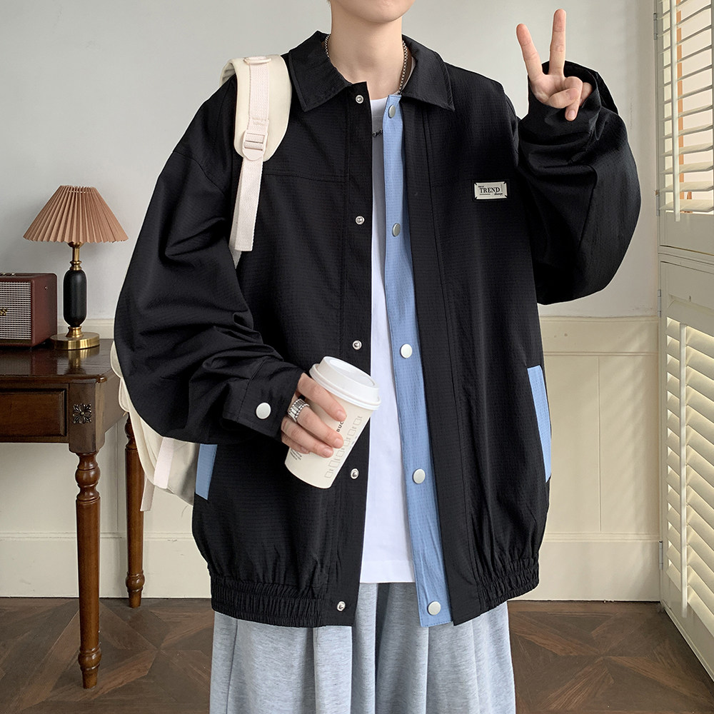 新款港风潮牌简约外套宽松休闲秋装男士学院风夹克2880P75控98，男装夹克，电商A034