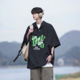 小清新港风休闲衬衫套头连帽短袖衬衣男相机片6613P48控68，男装衬衫，电商A034