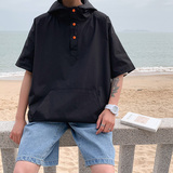 纯色短袖衬衫男女情侣连帽衬衣港风休闲外套2202P50控68，男装衬衫，电商A034