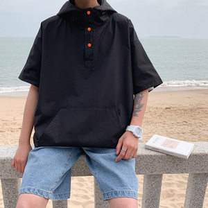 纯色短袖衬衫男女情侣连帽衬衣 港风休闲外套 2202 P50控68图片