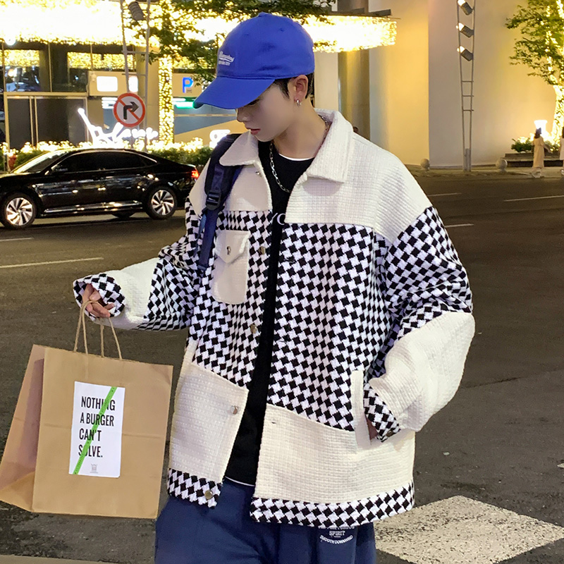 格子拼接翻领茄克高街潮男纯色休闲夹克宽松外套2357P80控118，男装夹克，电商A034