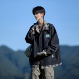 相机片秋款格子拼接外套潮男流行休闲夹克A0346652P85控128，男装夹克，电商A034