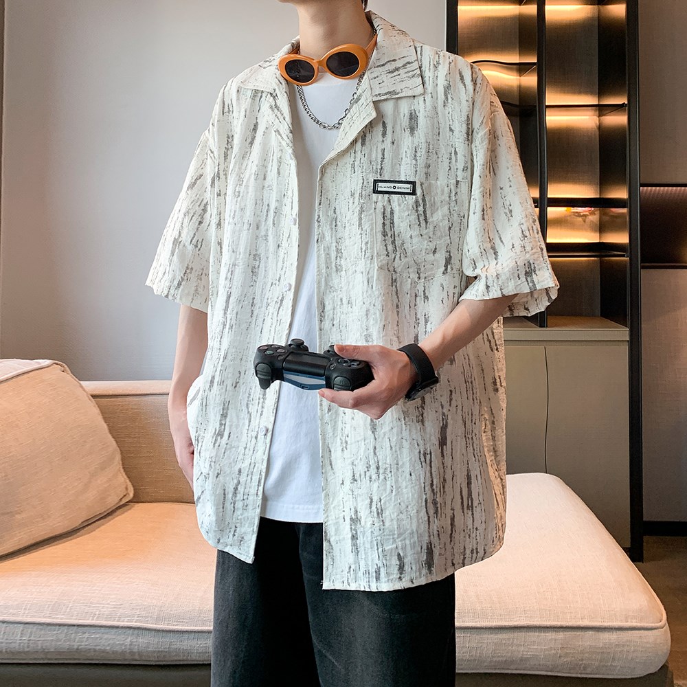 胖胖哥港风扎染潮牌短袖衬衫男款夏季大码宽松慵懒风衬衣外套上衣,男装衬衫,电商A034