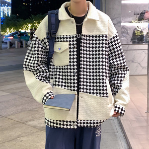 潮牌韩风格子拼接茄克高街男纯色休闲夹克大码外套 2357 P80控118图片