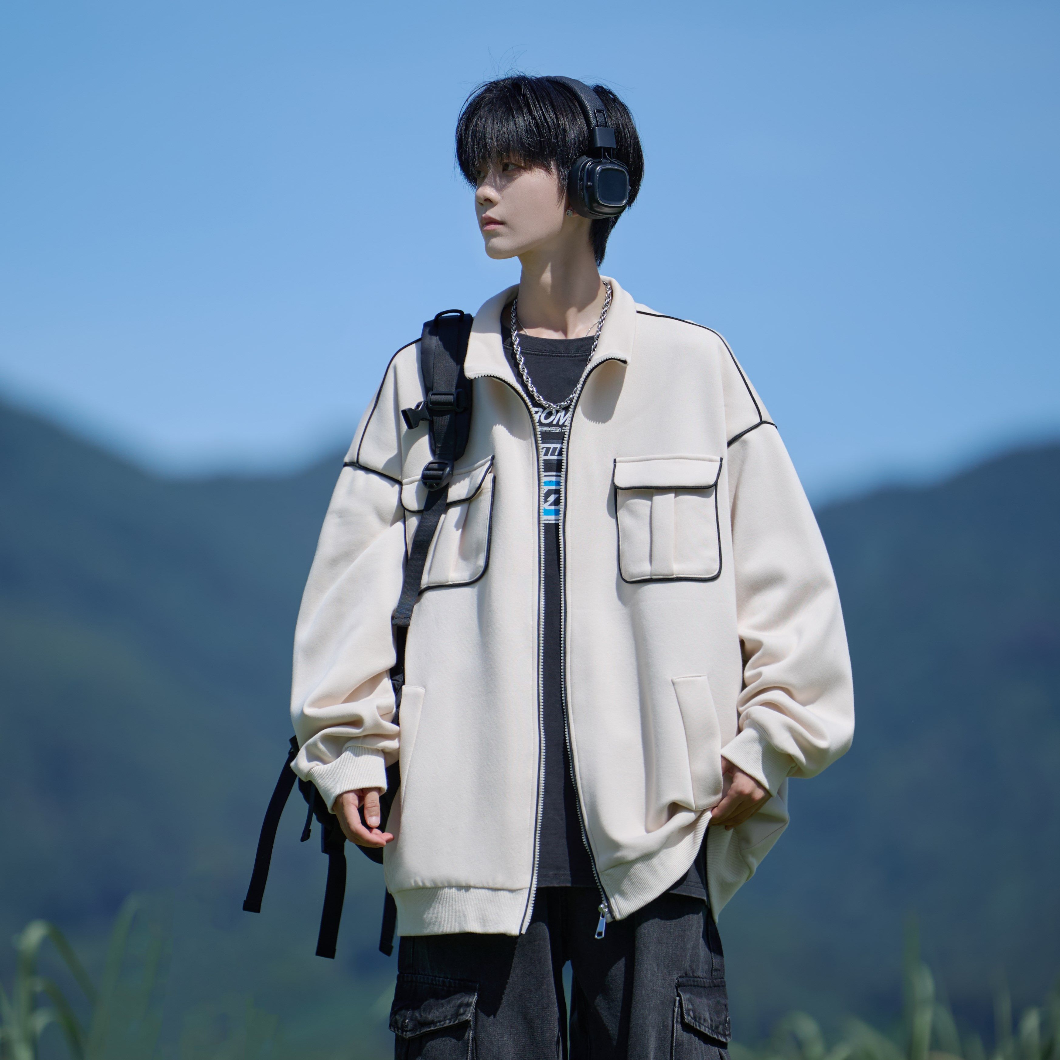 相机片男大码潮牌简约外套宽松开衫卫衣纯色可二开6653P68控98，女装短外套，电商A034