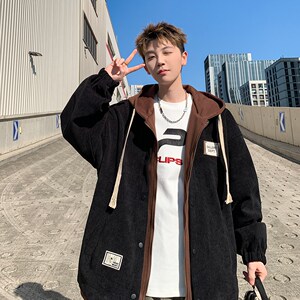 2025大码撞色连帽外套印花青年男宽松休闲夹克港风 6635 P98控138图片