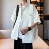 夏款潮男衬衣青年纯色大码短袖衬衫二开港风内景6606P45控58，男装衬衫，电商A034
