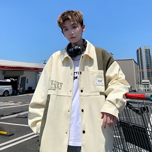新款撞色拼接灯芯绒休闲夹克 潮男休闲外套港风外景 6629 P68控98图片