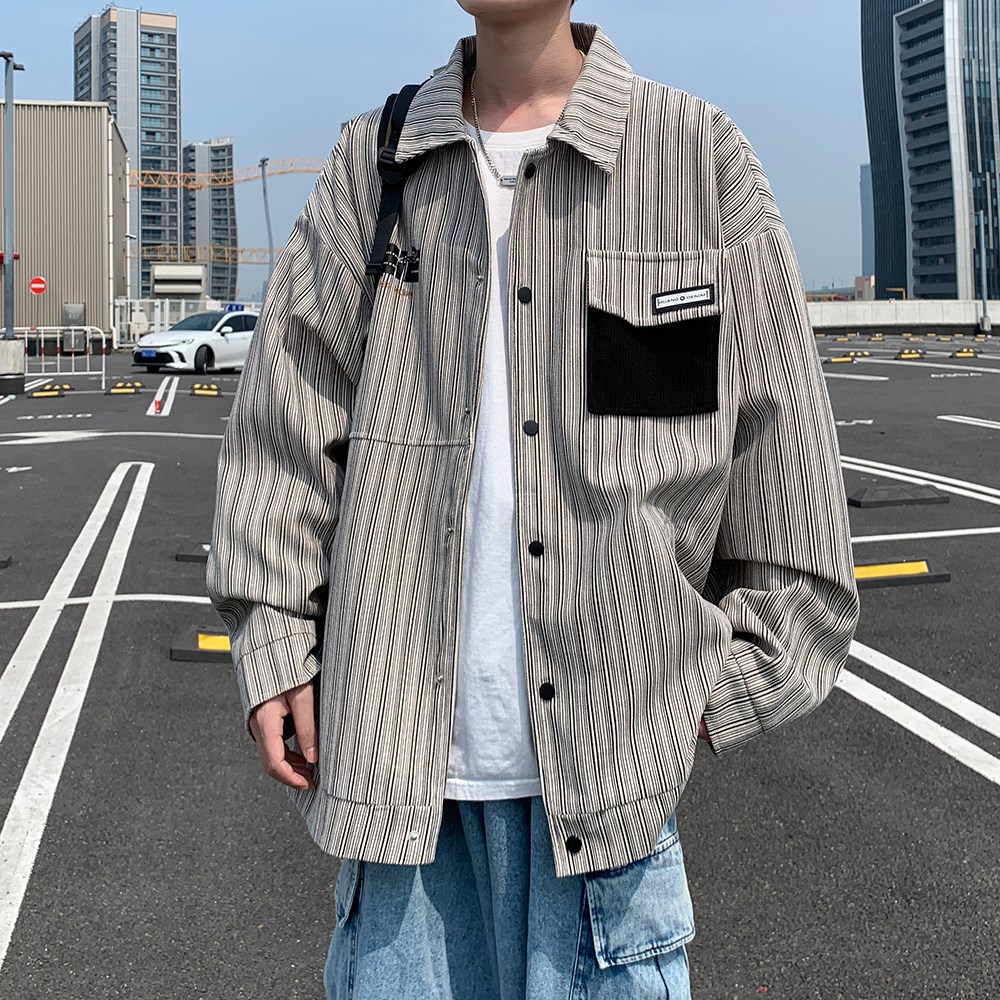 港风2025新款条纹宽松休闲夹克印花外套潮男外景6639P78控118,男装夹克,电商A034